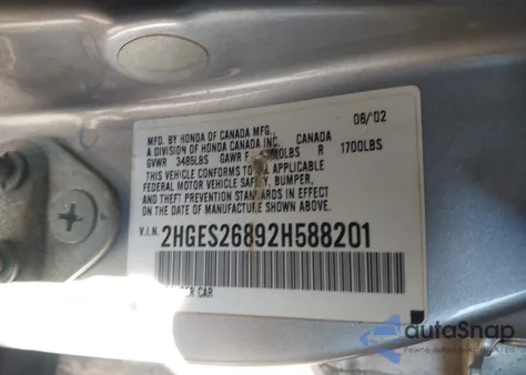 2002 Honda Civic Ex from USA, damaged, VIN 2HGES26892H588201